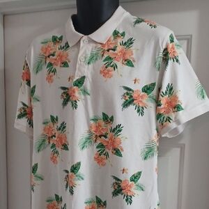 Threadbare Floral Print Polo Shirt - White, Green and Orange